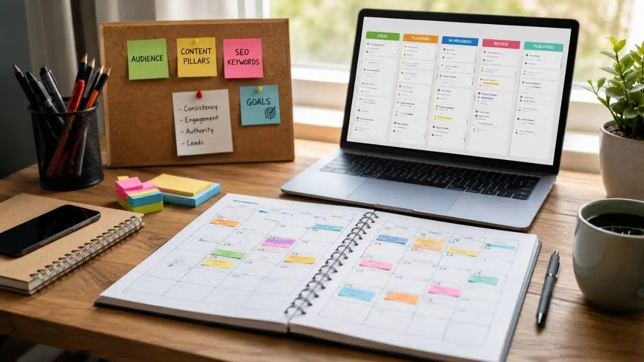Editorial calendar guide showing a structured content planning workflow for marketers, bloggers, and startup teams