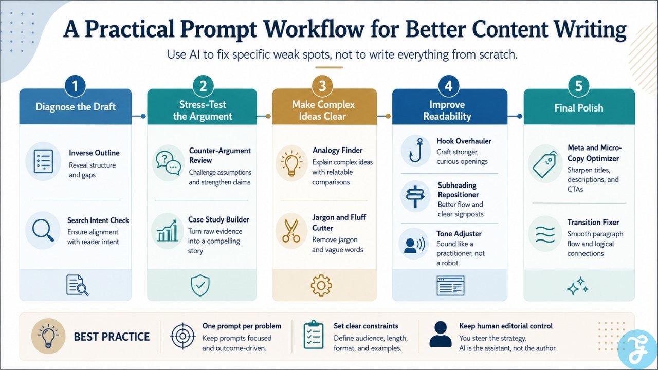 Five stage ChatGPT prompt workflow showing how writers can diagnose, strengthen, simplify, polish, and optimize content
