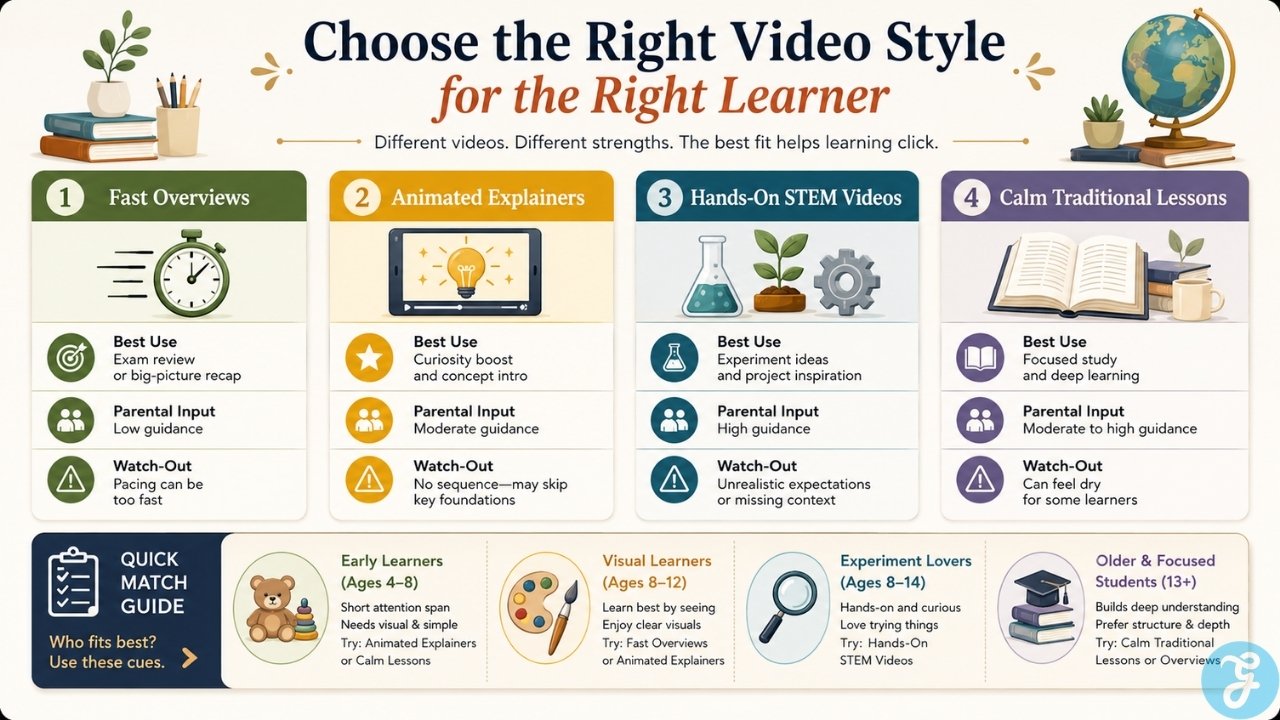 Comparison of educational video styles by learning purpose, parental guidance, age group, and potential drawbacks to help families choose suitable content.