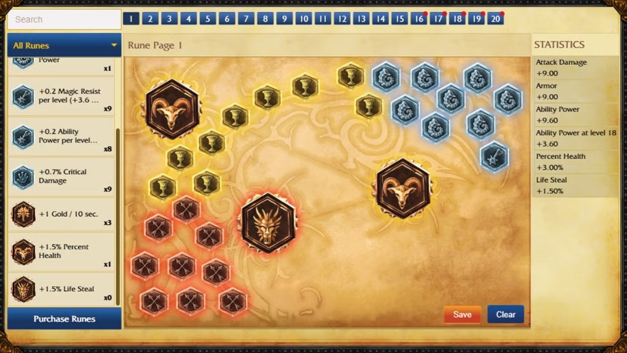 Example of Classic Rune pages of League of Legends with runes attached.
