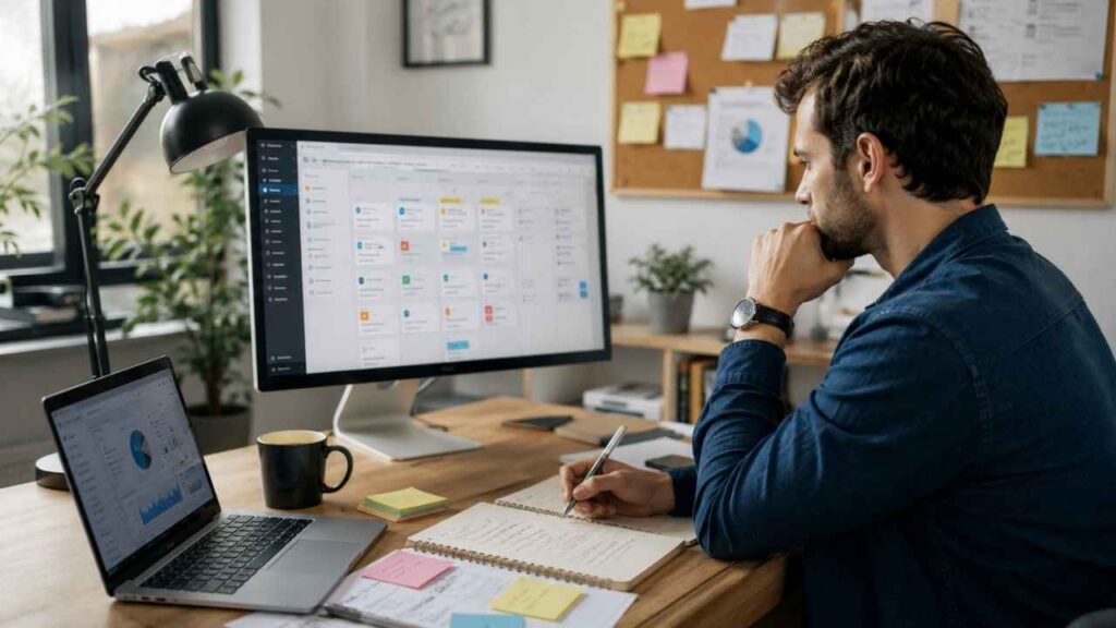 A professional reviewing a digital editorial calendar and analytics to build a Content Strategy Guide, as depicted in the file Content Strategy Guide for Editorial Planning