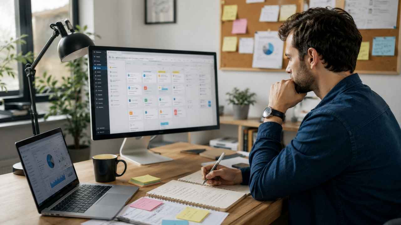 A professional reviewing a digital editorial calendar and analytics to build a Content Strategy Guide, as depicted in the file Content Strategy Guide for Editorial Planning