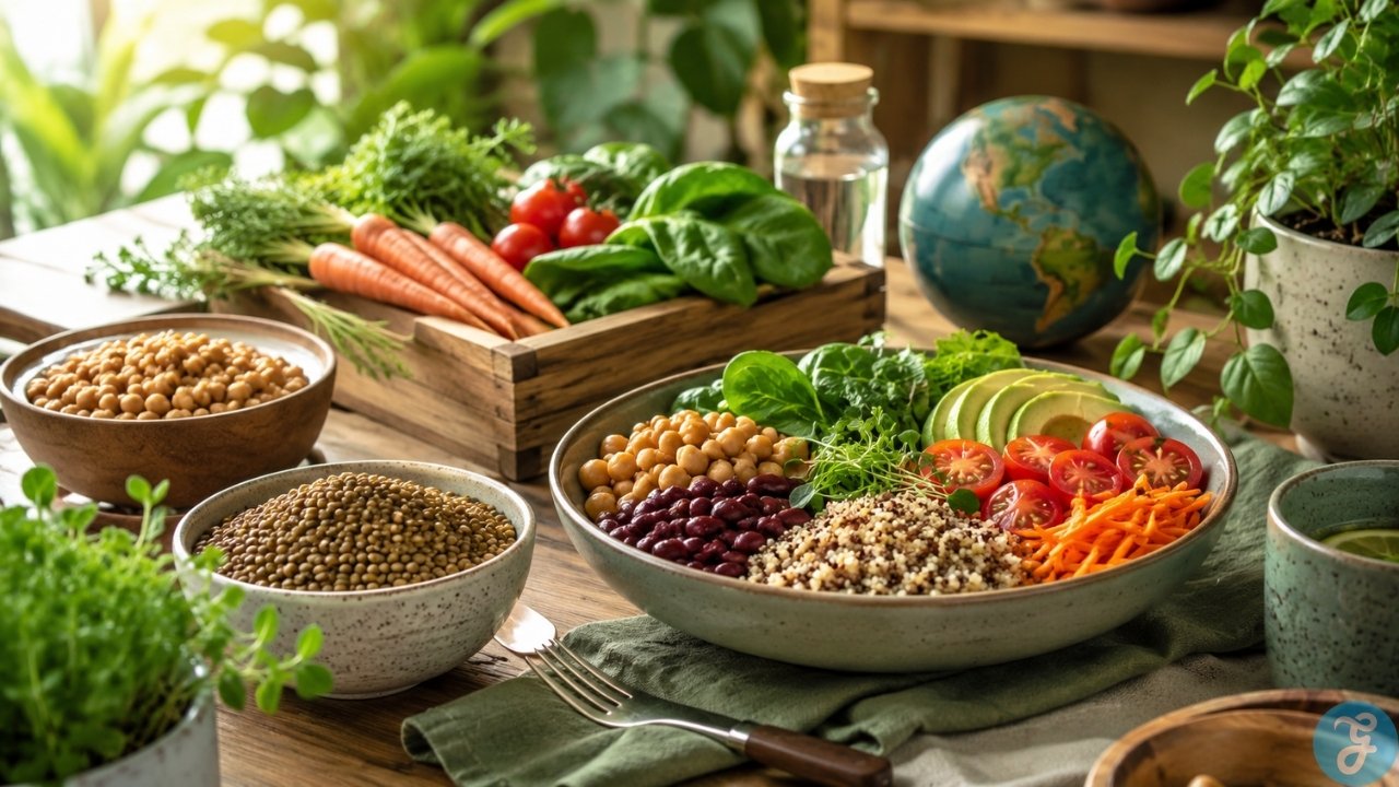 environment impact of plant-based diet featured image. Plant based meal with legumes, grains, vegetables, and a globe showing the environmental value of sustainable food choices.