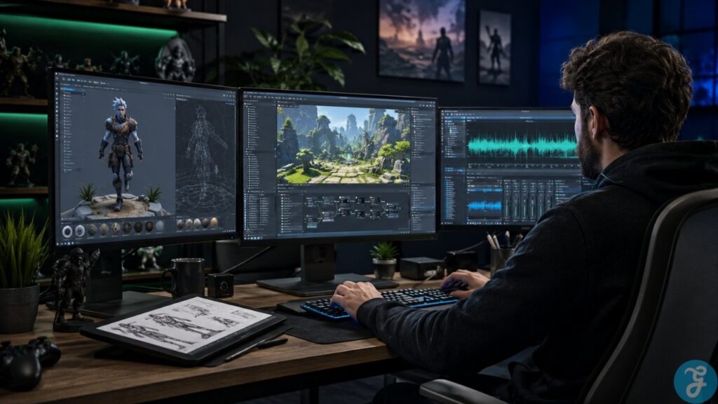 Visual guide showing how game engines, art, audio, coding, planning, and version control tools fit into a development pipeline.