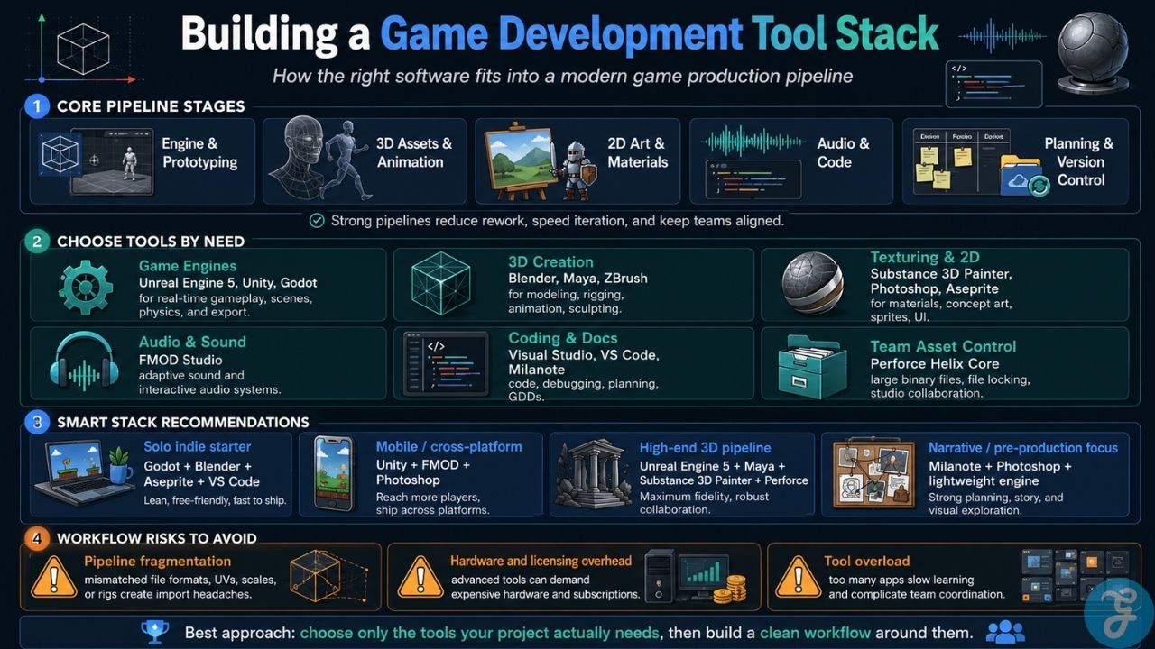 Visual guide showing how game engines, art, audio, coding, planning, and version control tools fit into a development pipeline.