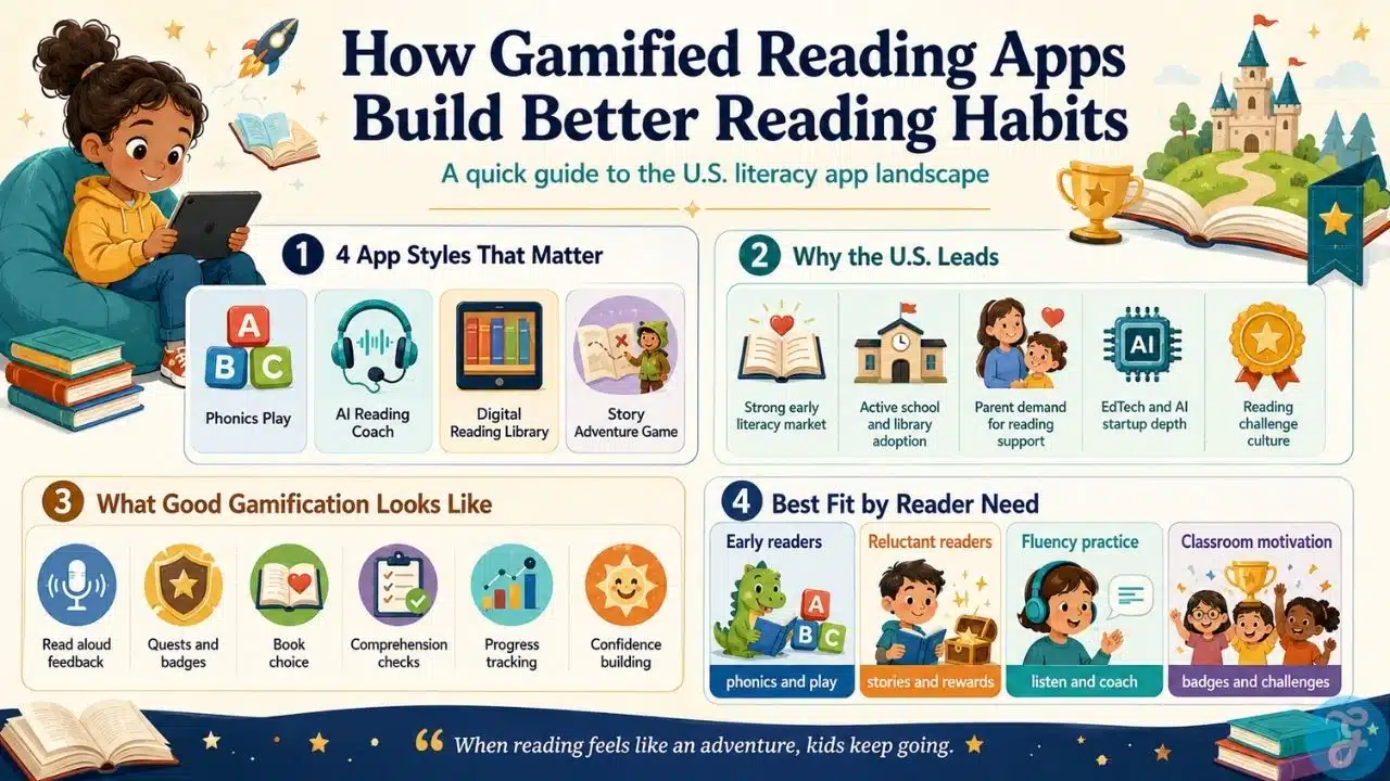 Infographic explaining how Gamified Reading Apps build better reading habits through phonics play, AI reading coaches, digital libraries, story games, rewards, and progress tracking.