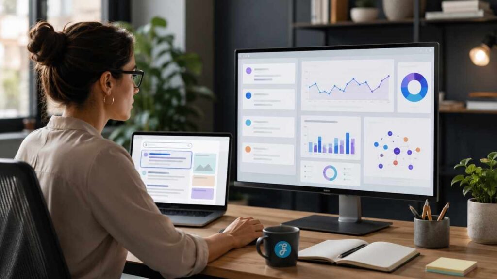 Woman using Generative AI for SEO to analyze search rankings, AI Overviews, traffic data, and keyword performance.