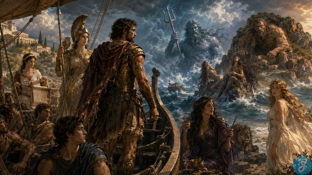 Odysseus surrounded by Athena, Poseidon, Circe, Penelope, the Cyclops, and other mythic figures, helping viewers recognize key characters from The Odyssey