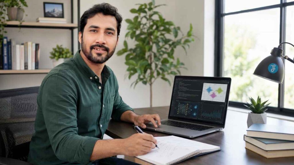 Man studying Python and machine learning models on a laptop while following a beginner roadmap on how to start learning machine learning from zero.