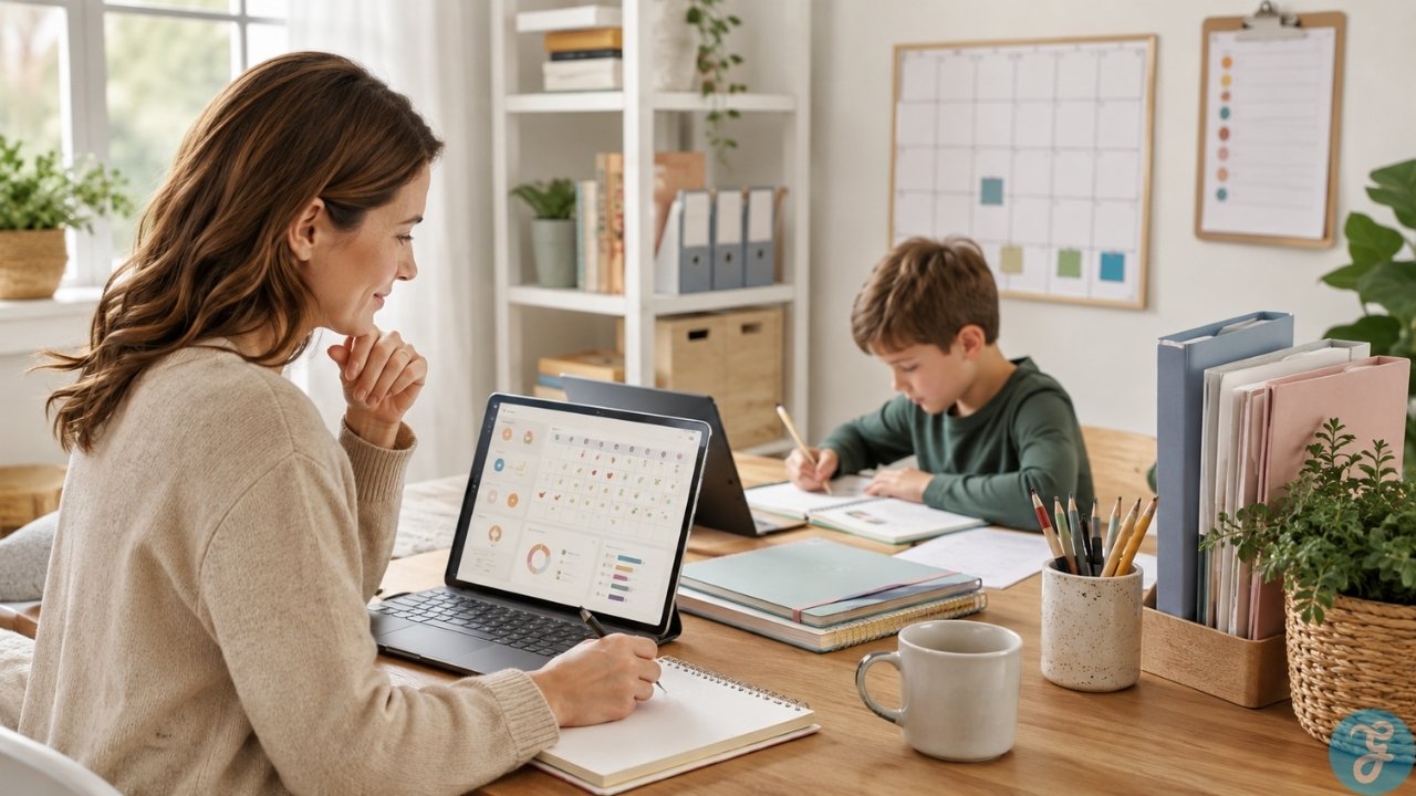 Homeschool Tracking Apps featured image. Parent uses a homeschool tracking app while a child studies, showing how digital tools simplify planning, attendance, and academic records.