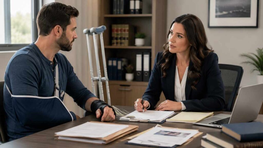 Injured man with an arm sling consults a lawyer about pursuing fair compensation after major harm and reviewing legal claim documents.
