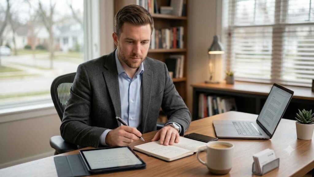 A focused man in a business suit reviewing notes and a laptop during his job interview preparation session.