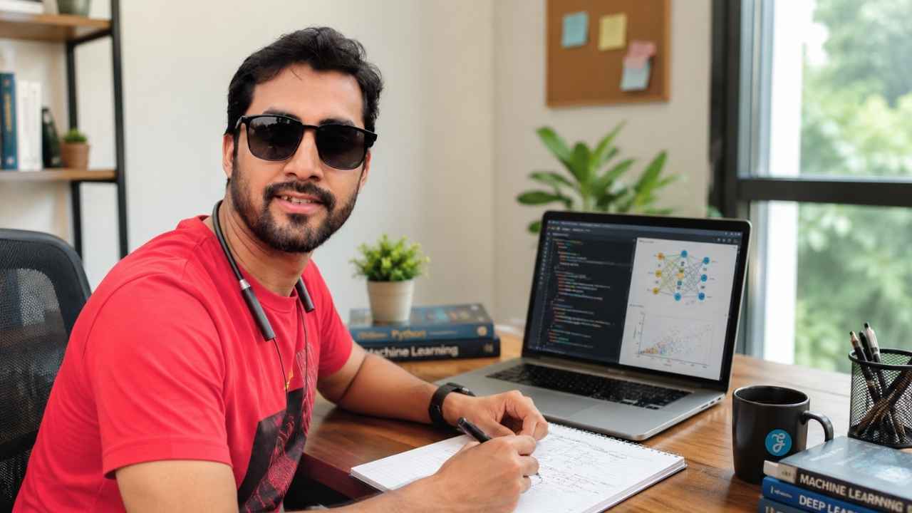 Man studying Python and machine learning models on a laptop while following a beginner roadmap on how to start learning machine learning from zero.