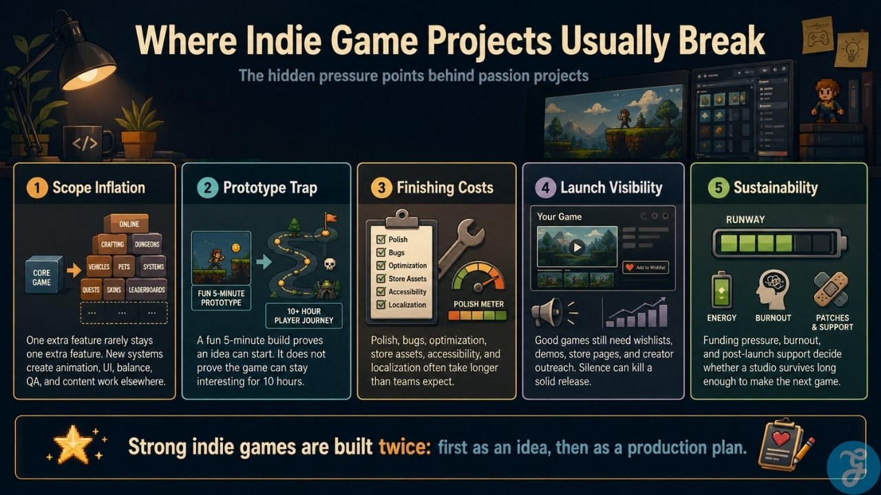 Infographic showing how scope, finishing costs, visibility, and sustainability can derail indie game projects.
