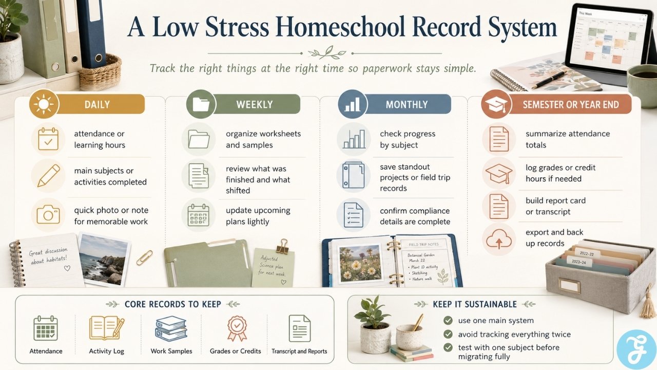 Daily, weekly, monthly, and yearly homeschool record tasks organized into a simple system that helps families maintain accurate documentation.