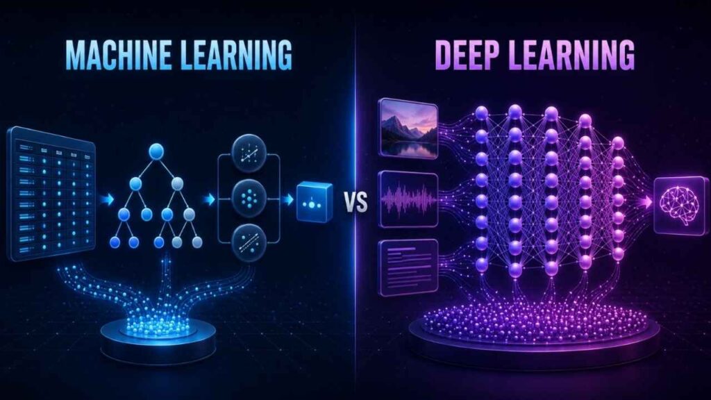 Machine Learning vs Deep Learning comparison showing decision-tree models beside a multilayer neural network processing images, audio, and text data.