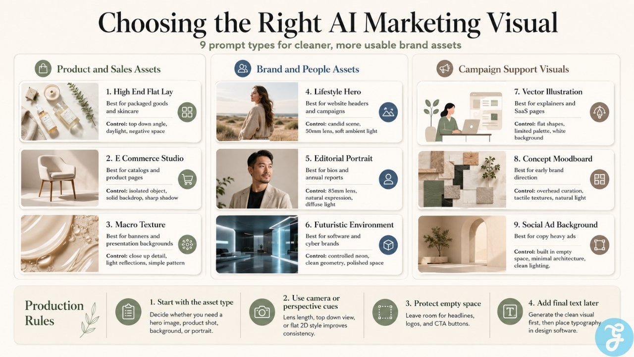 Decision guide comparing nine Midjourney prompt types to help marketers choose suitable visuals for products, branding, and campaigns.