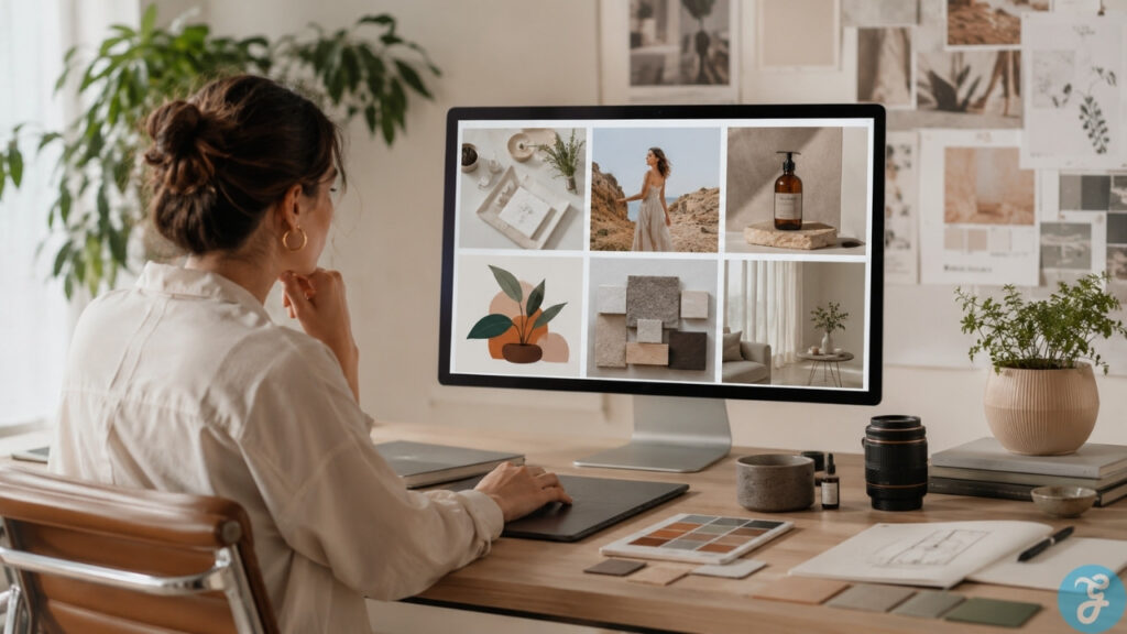 midjourney prompts for marketing. Creative director reviewing AI generated brand visuals, showing how Midjourney prompts support professional marketing asset planning.