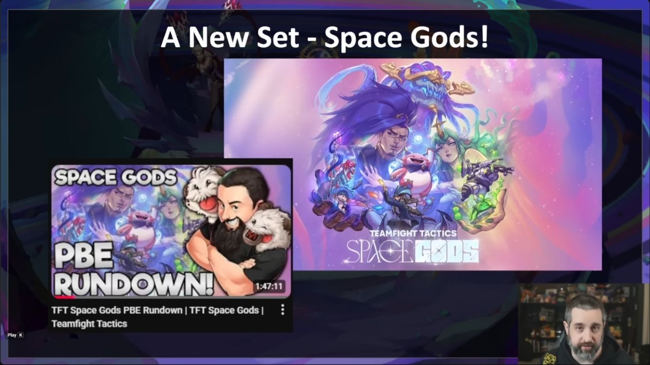 Screenshot of Mortdog presenting the TFT Space Gods PBE rundown during a Teamfight Tactics YouTube video