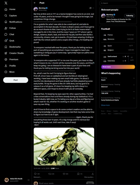 Mortdog X announcement confirming he left Riot Games and Teamfight Tactics after nearly 10 years. This is a screenshot taken from his X account.