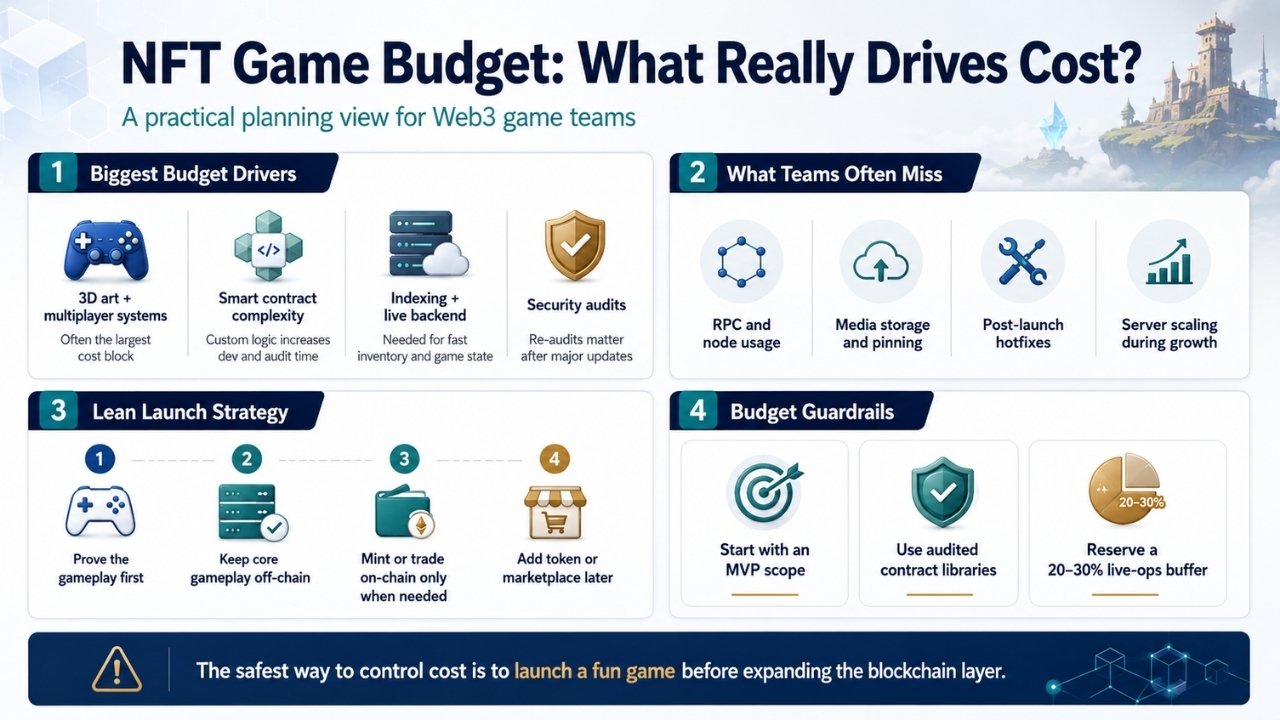 Infographic explaining NFT game budget drivers, overlooked expenses, lean launch strategies, and essential cost controls.
