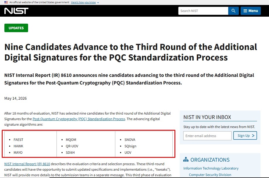 NIST advanced nine new digital signature candidates