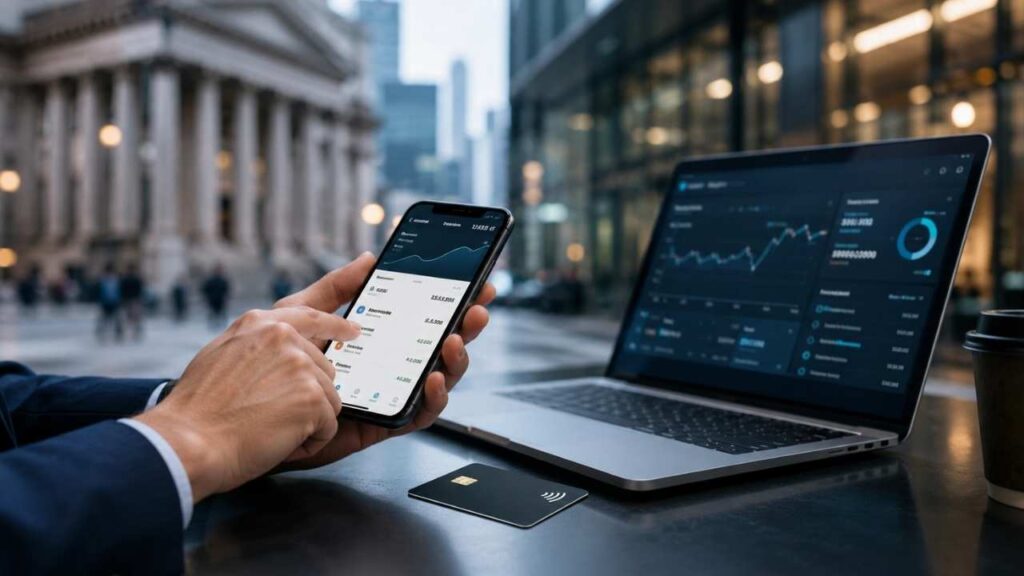 Neobanking disruption shown through mobile banking, fintech analytics, and contactless payments beside a traditional bank.