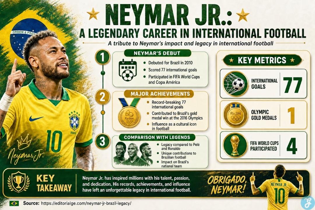 Neymar Jr Brazil legacy infographic highlighting his international goals, Olympic gold medal, and four FIFA World Cup appearances