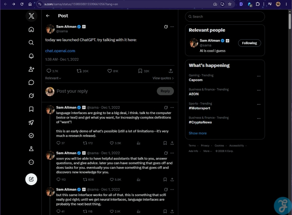 Screenshot of the December 2022 social media announcement introducing ChatGPT and describing its conversational assistant capabilities.