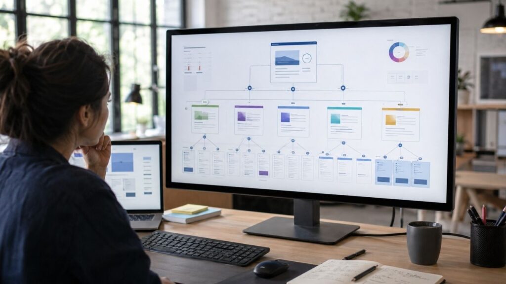 Realistic workspace showing a large screen with a Pillar and Cluster Content Model diagram for SEO content planning.