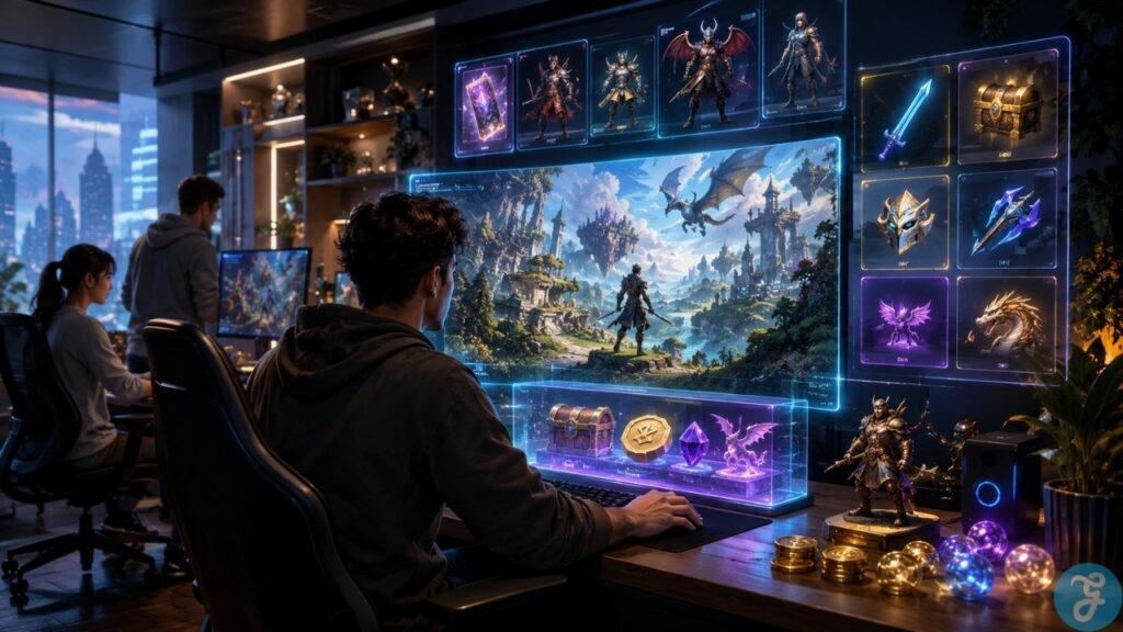Play to Earn Models Featured Image of a Gamer exploring a futuristic fantasy game economy with digital assets, rewards, characters, and collectible items, helping viewers understand how Play to Earn Models connect gameplay with ownership.