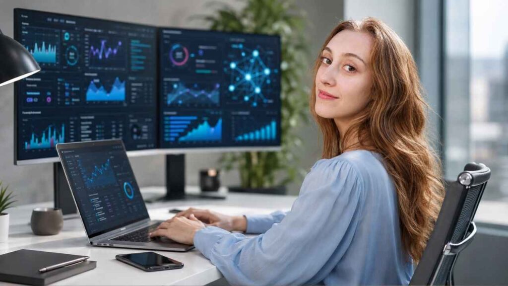 Woman using AI-powered SEO dashboards to improve Generative Engine Optimization and online search visibility.