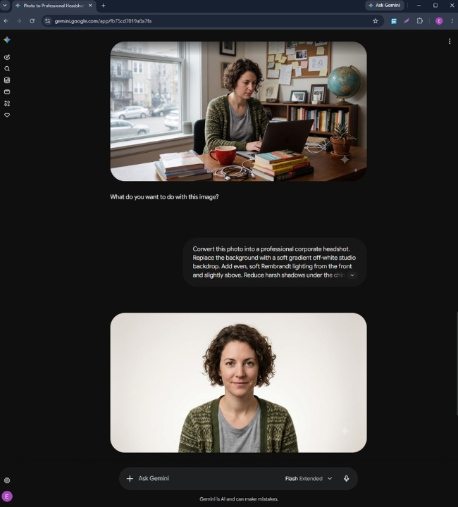 A screenshot of Practical Demonstration of Prompt 2 being used to edit image on Gemini.