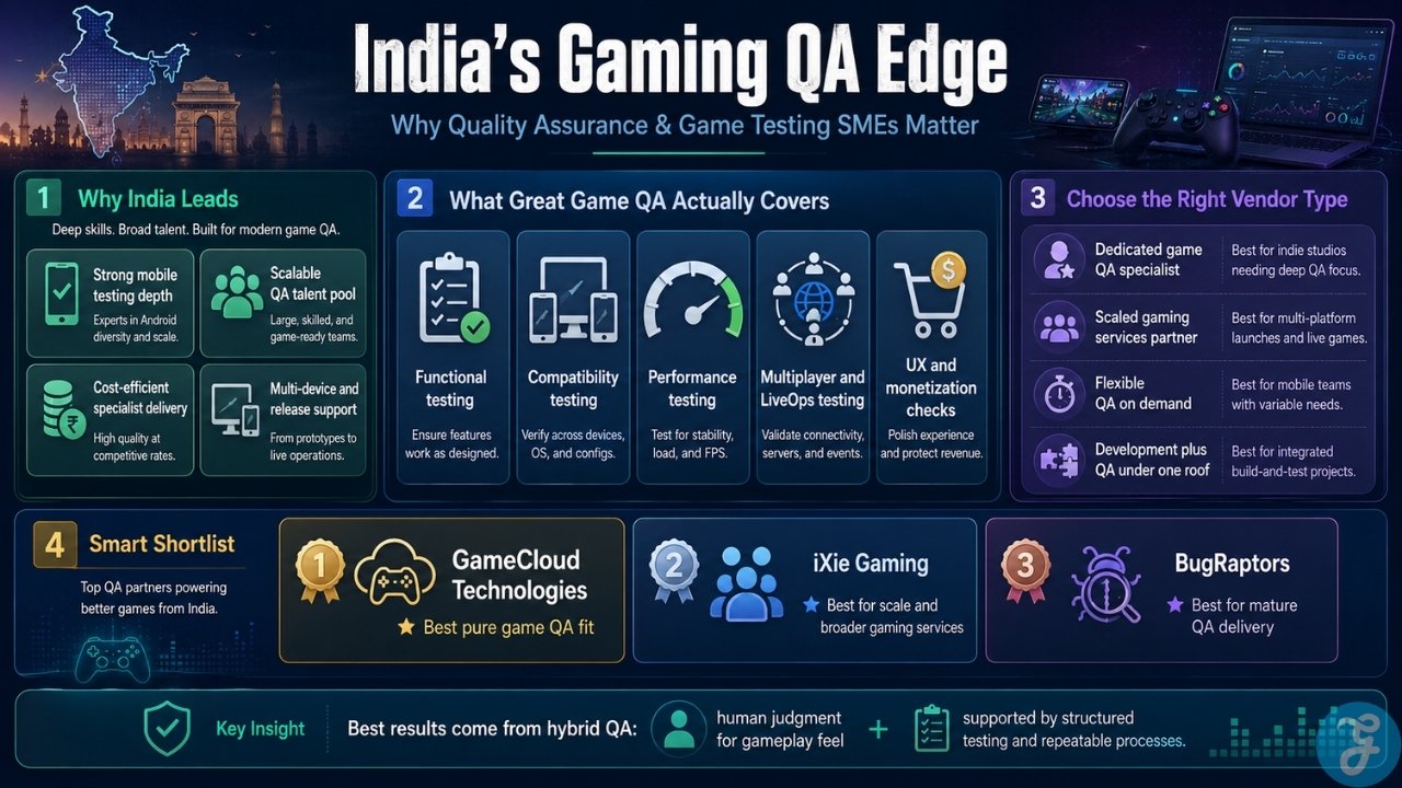 Infographic showing India’s Quality Assurance & Game Testing strengths, including mobile testing depth, QA talent, vendor types, and top picks like GameCloud Technologies, iXie Gaming, and BugRaptors.