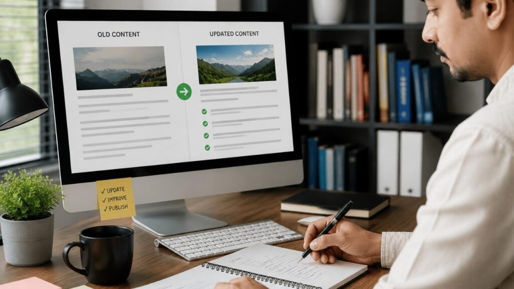 Refreshing Old Content for SEO with old and updated content comparison on desktop screen.