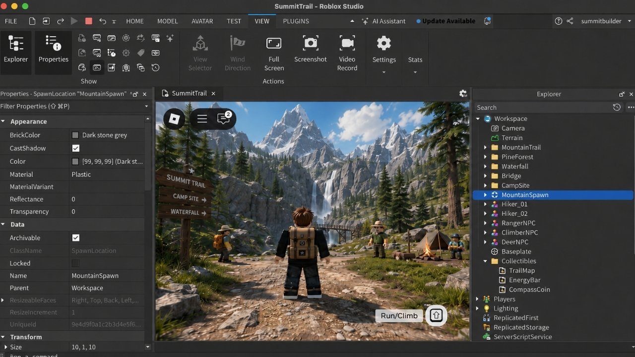 Roblox Studio showing multiple characters exploring a mountain trail with pine forests, waterfalls, and campsite elements.