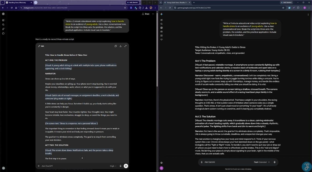 Script Generating prompt 2 being used on ChatGPT and Gemini