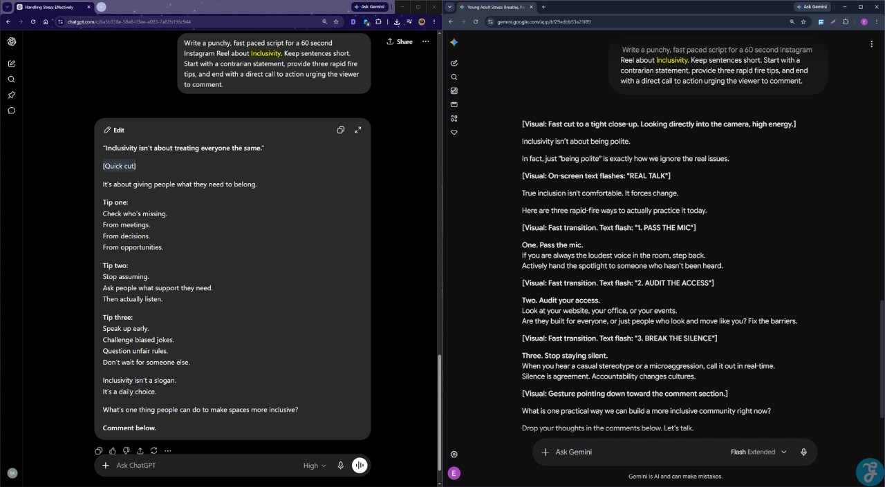 Script Generating prompt 4 being used on ChatGPT and Gemini
