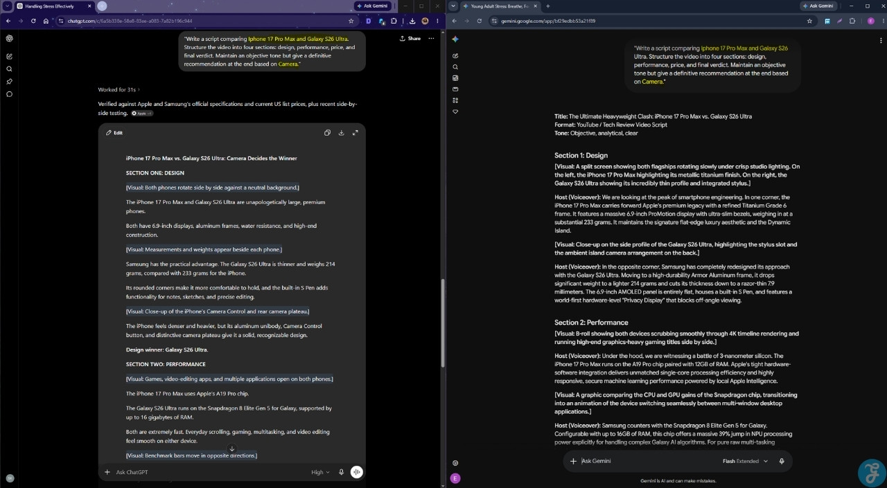 Script Generating prompt 6 being used on ChatGPT and Gemini