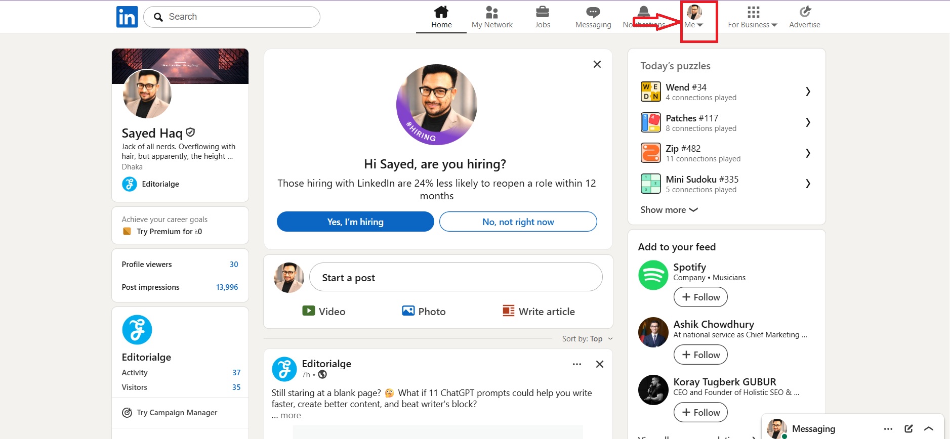 Step 2- Open the “Me” menu from the LinkedIn Homepage
