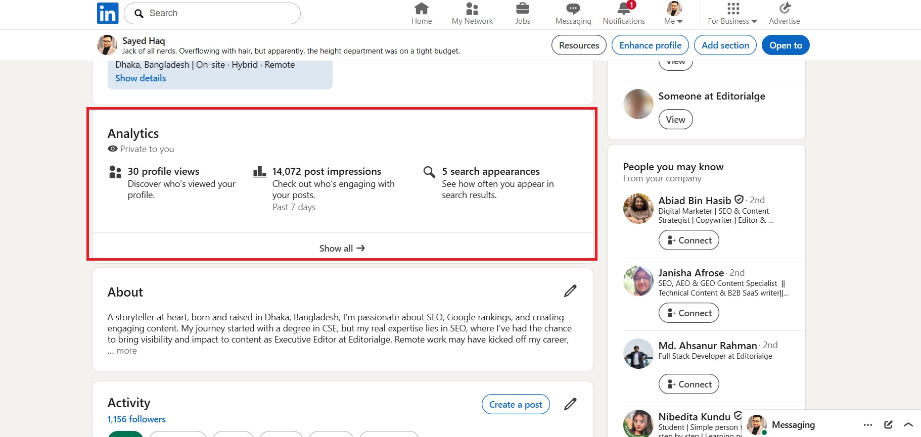 Step 3- Find the Analytics Section on your LinkedIn Profile