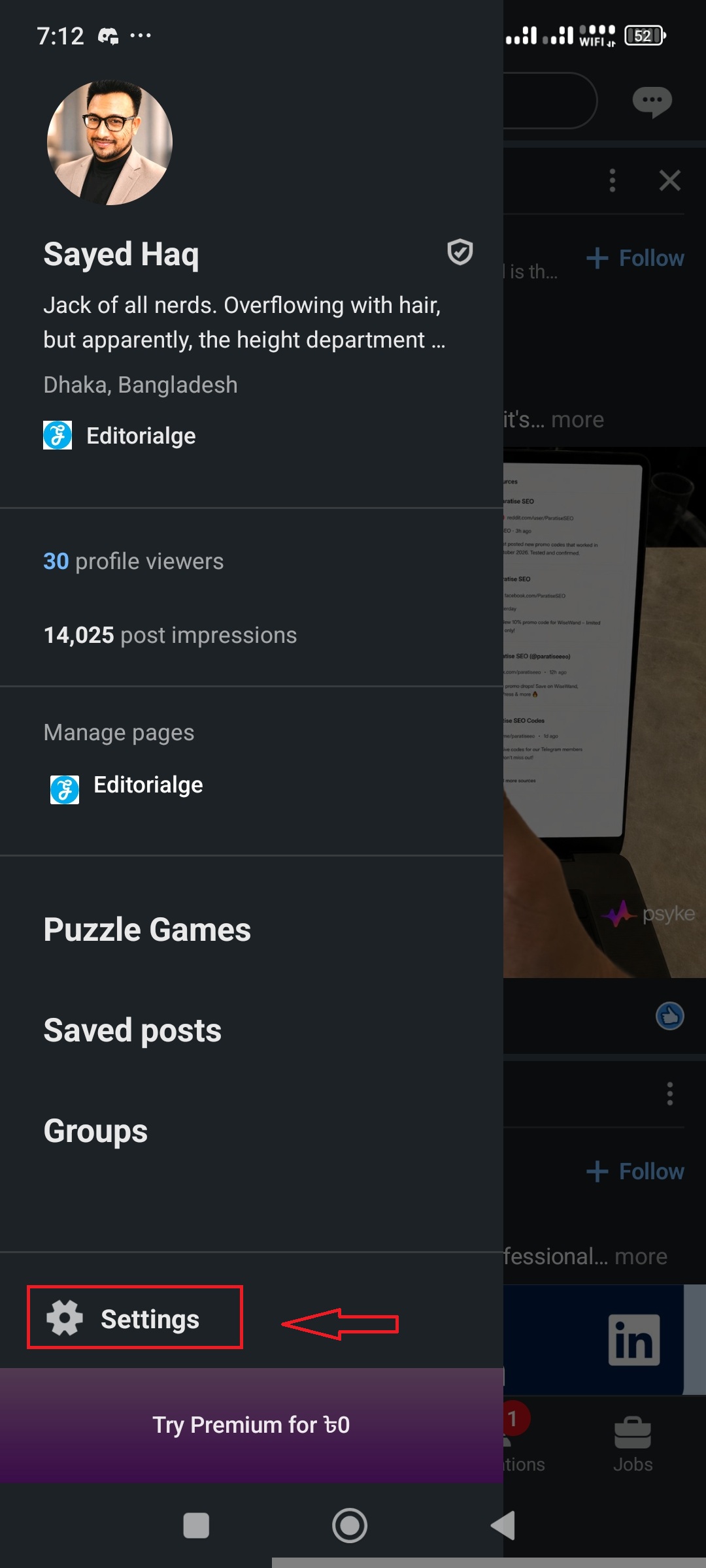 Step 3- Tap Settings from the Dropdown of your profile