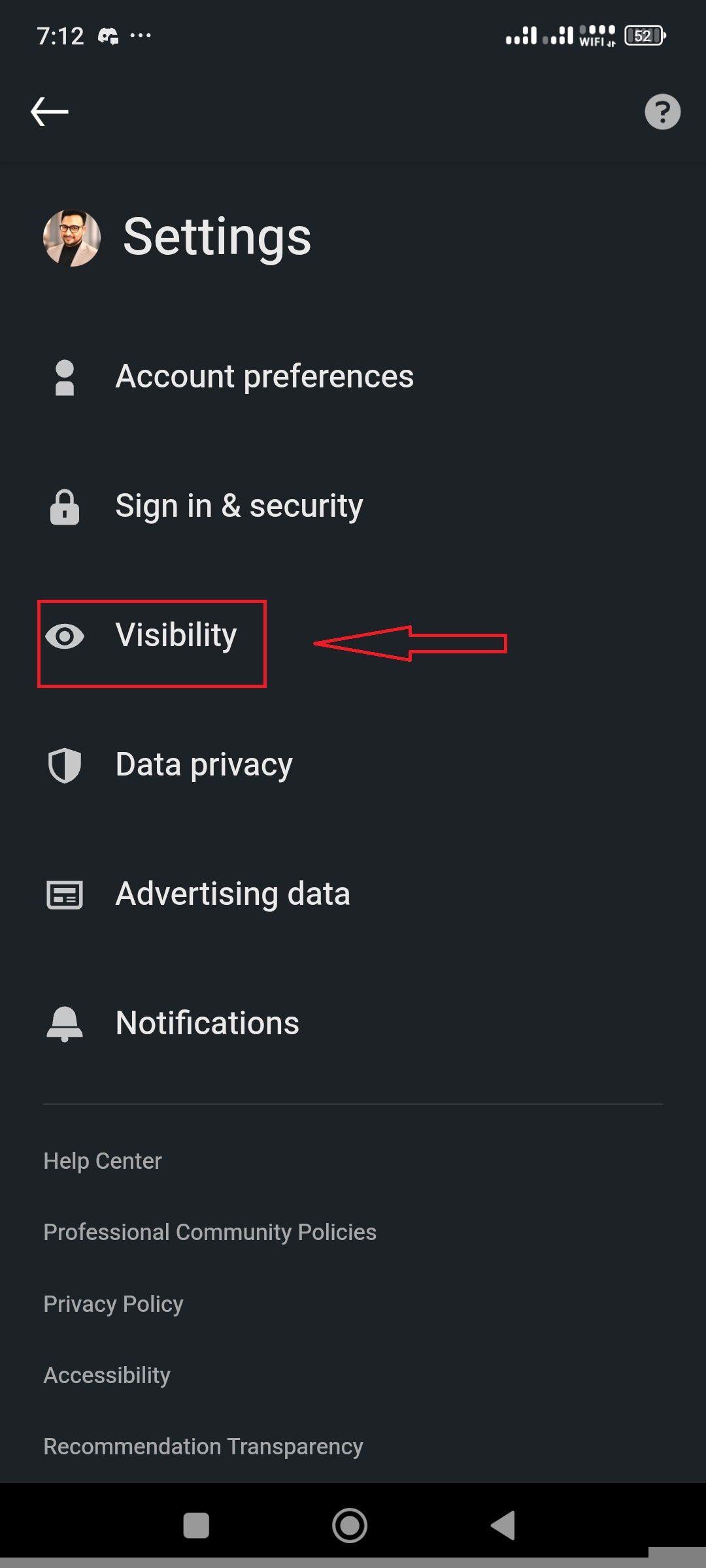 Step 4 - From Settings open the Visibility Option