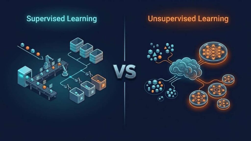 Supervised vs Unsupervised Learning comparison showing labeled data sorted through a structured workflow and unlabeled data forming natural clusters.