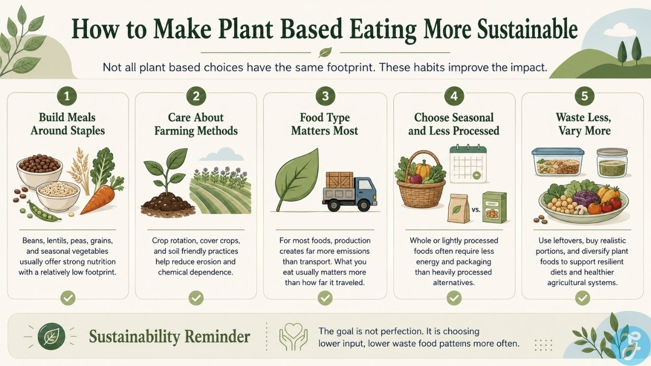 Practical plant based eating habits that help lower food waste, packaging, transport impact, and agricultural pressure.