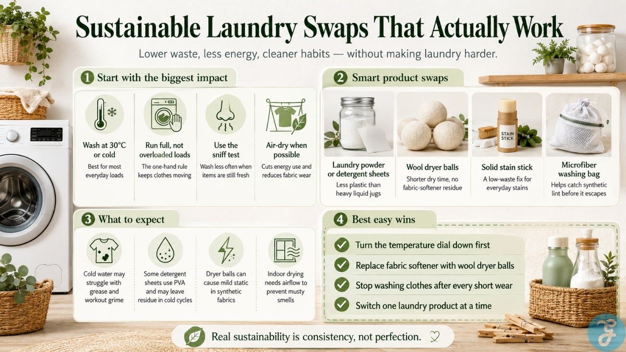 Sustainable laundry swaps showing cold washes, full loads, air drying, wool dryer balls, stain sticks, and microfiber washing bags.