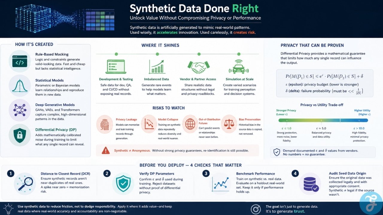 Visual guide comparing synthetic data methods, privacy safeguards, deployment risks, and essential validation checks.