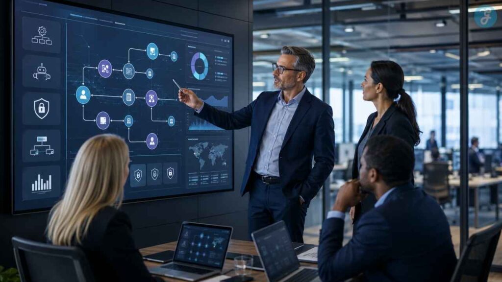 Enterprise Agentic AI Priorities meeting with executives reviewing AI workflow, security, automation, analytics, and governance dashboard.
