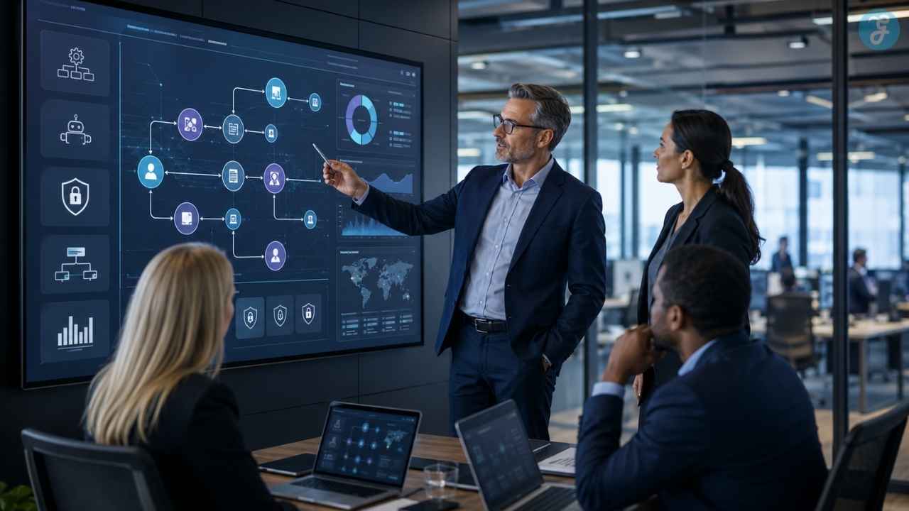 Enterprise Agentic AI Priorities meeting with executives reviewing AI workflow, security, automation, analytics, and governance dashboard.