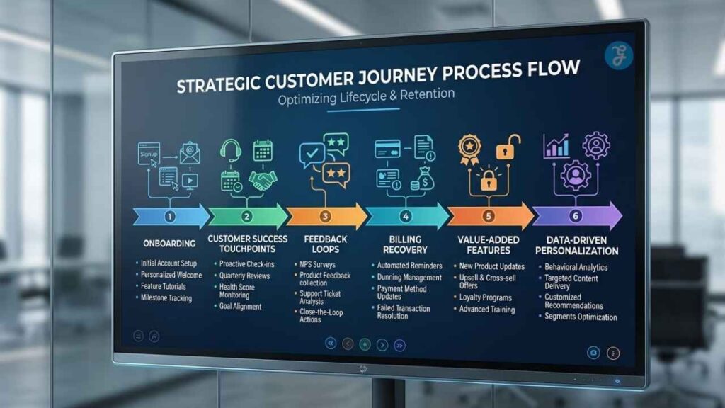 SaaS customer journey process flow showing onboarding, feedback loops, billing recovery, value added features, and data driven personalization for retention.